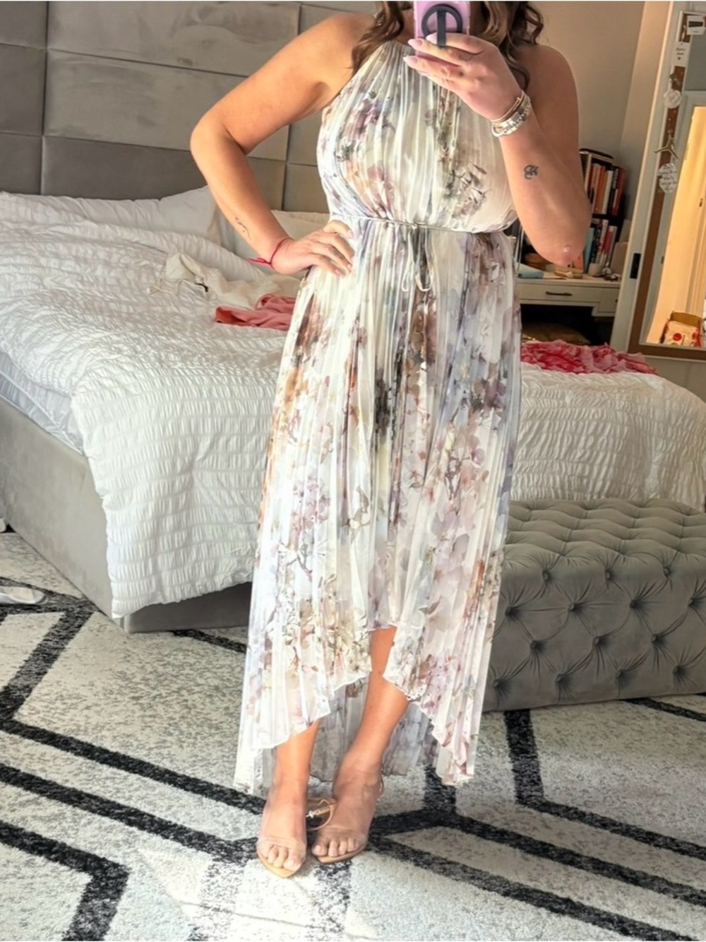 Ted Baker London White Floral Pleated Halter High-Low Dress